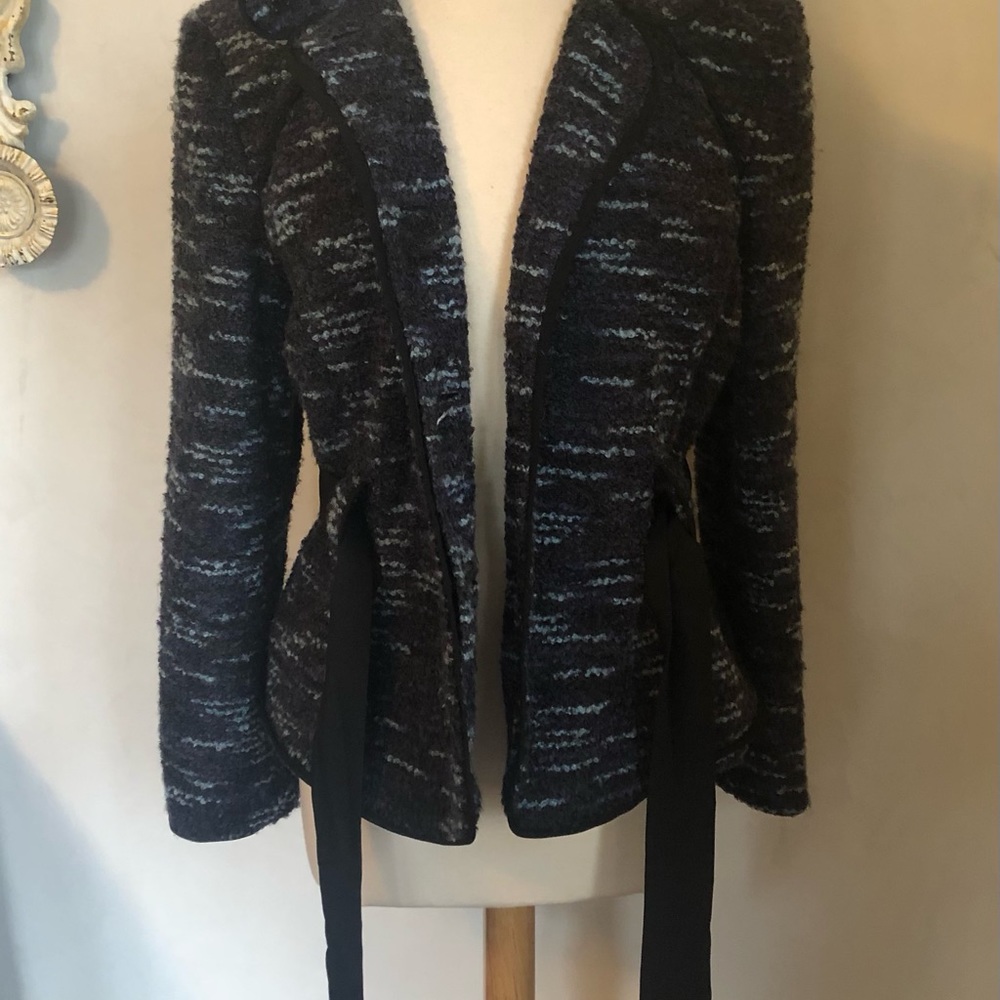Sandro Sportswear black,blue & purple Tweed Jacket w/ribbon tie belt Size Large - Picture 8 of 12